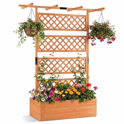 72  Wooden Planter Box w/Lattice Trellis, Flat Roof, Drainage for Climbing Plant