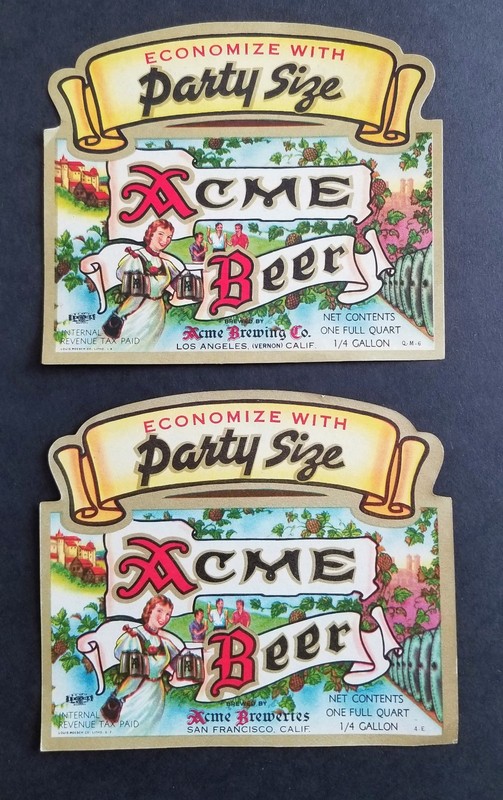 2 IRTP ACME PARTY SIZE BEER LABELS UNUSED, SAN FRANCISCO & LOS ANGELES. CALIF.