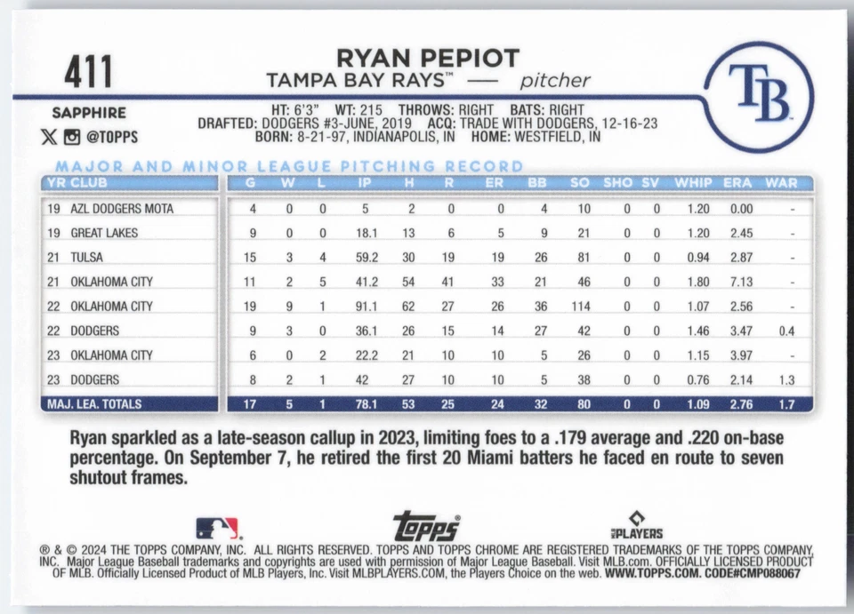 2024 Topps Chrome Sapphire Edition #411 Ryan Pepiot - Image 2 of 2