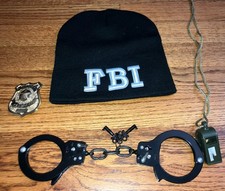 FBI Agent Halloween Costume Beanie Hat, Handcuffs  Keys, Badge, Whistle Adult