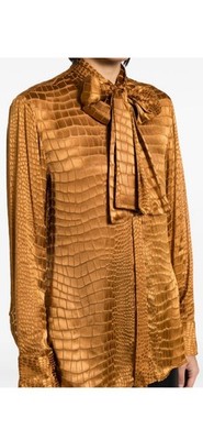 Womens 100% Silk Crocodile Style Design Print Floral Blouse Shirt -Golden- Sz XL