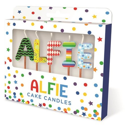 Alfie Geburtstagskerzen personalisiert Name Tortenaufleger Jungen Regenbogen Party Deko