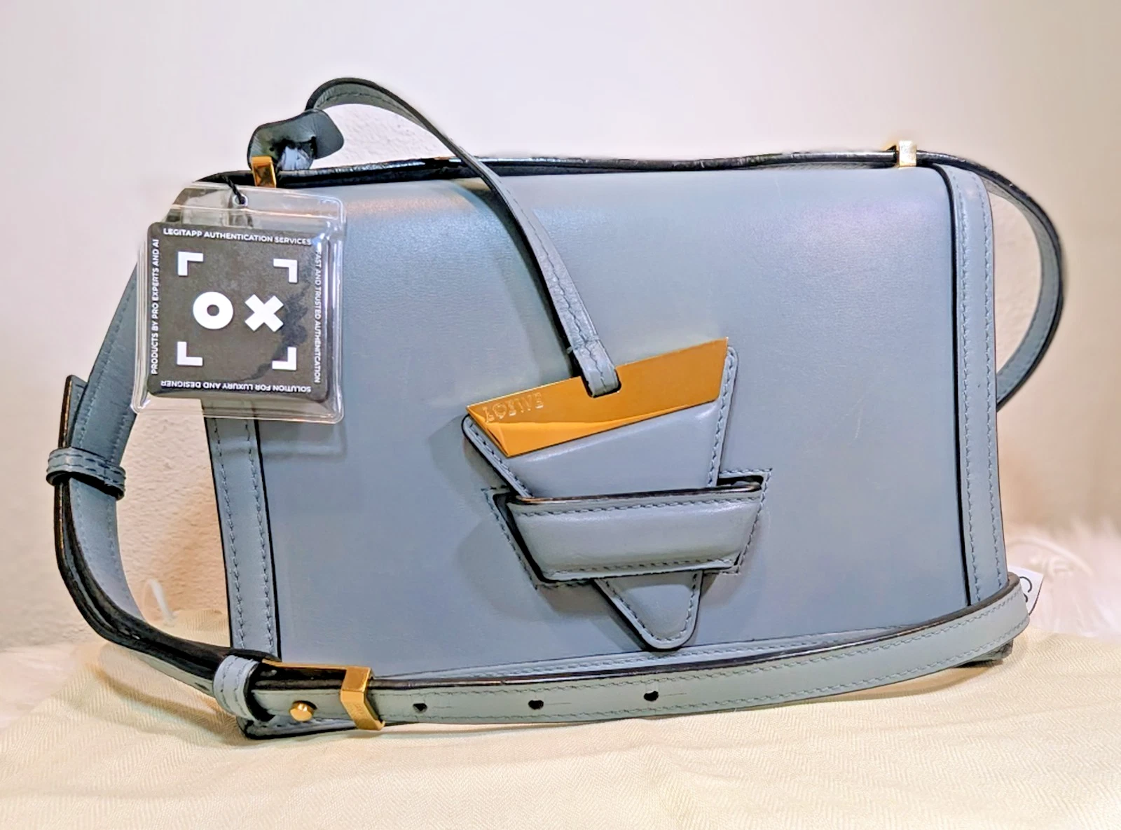 Loewe — Loewe Barcelona Medium Bag Stone Blue Calfskin Gold Hardware Double COA