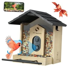  Bird Feeder with Camera, Upgraded 1.5L Smart Bird Feeder with AI Wooden Roof