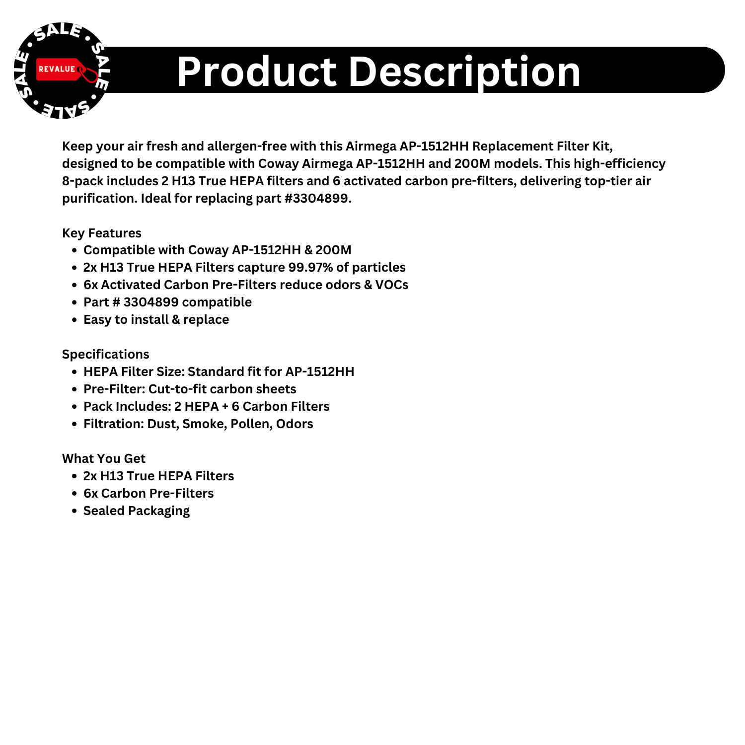 Airmega AP-1512HH & 200M Replacement Filter Kit – 2 HEPA + 6 Carbon Pre-Filters