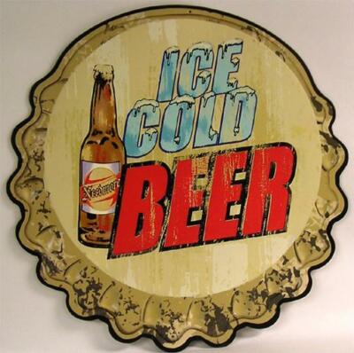 Ice Cold Beer Bottle Cap Embossed Plasma Cut Metal Sign