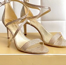 MICHAEL Michael Kors Ava Mid Sandals Gold/Sand Glitter Mesh Sz 6.5 Wedding