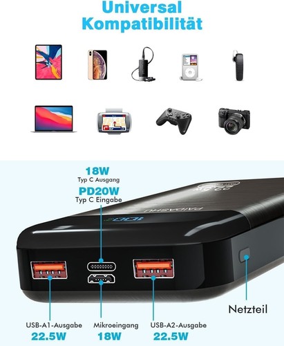 Power Bank 27.000 mAh, 22,5W Externer Handyakku Schnellladend USB-C 3 Ausgängen - Bild 4 von 6