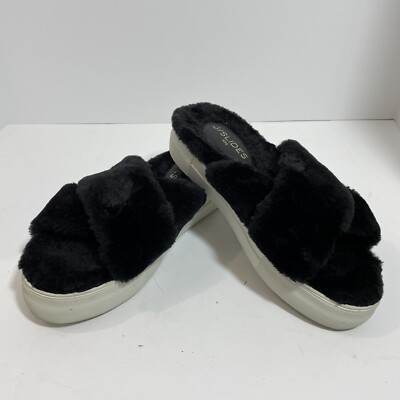 J/Slides NYC women black Faux fur platform sandals slip on shoes Size 