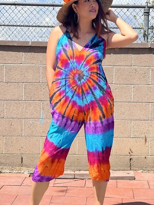 NWT Woman Handmade Tie Dyed Beach Boho Hippie Unique Design Jumpsuit Fits SML