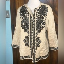 Chico's 3 Linen Cream Embroidered Bohemian Design 3/4 Sleeve Jacket Blazer NWT