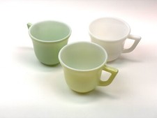 Hazel Atlas LITTLE HOSTESS Tea Cups Child Size Green Yellow White Milk Glass MCM