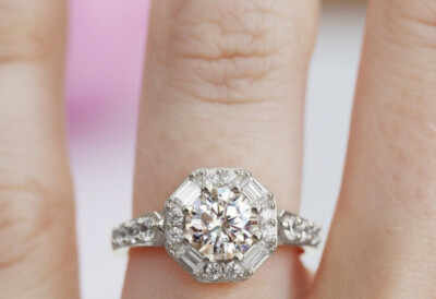 Hexagon Shap Design Sterling Silver Halo Moissanite Round Cut Ring For His Wife