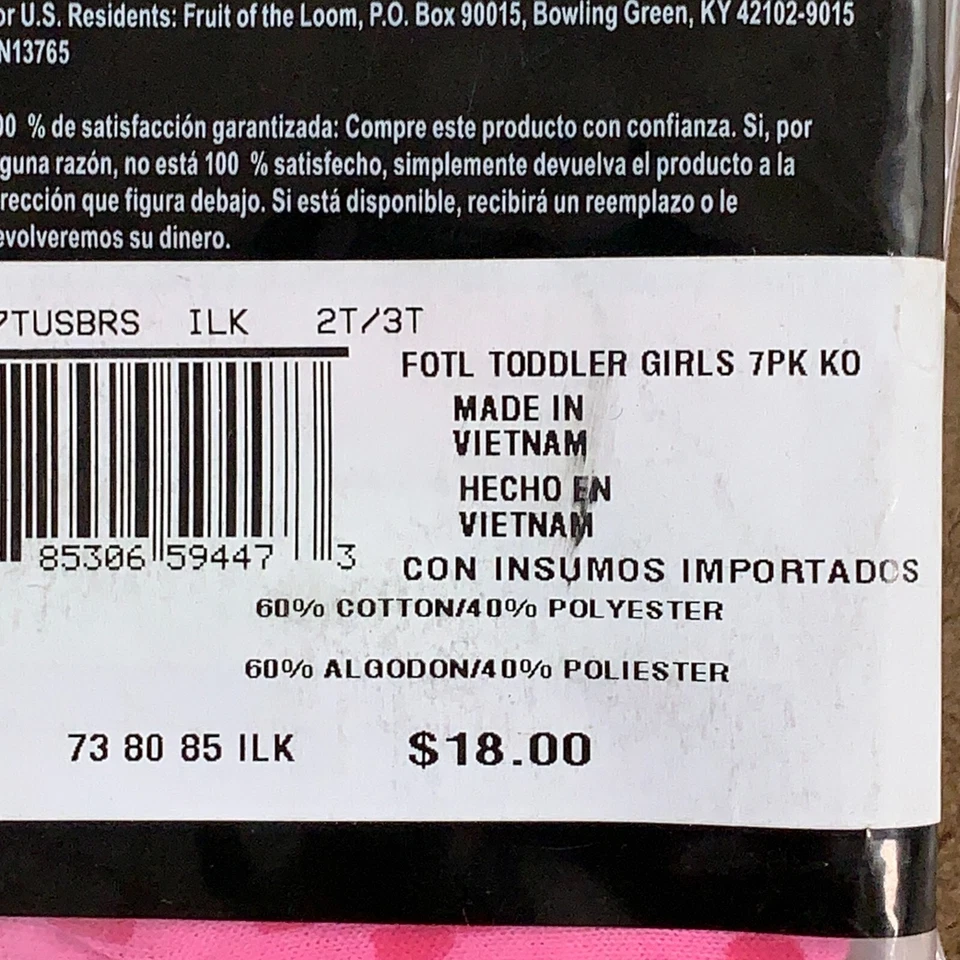 Paquete de 7 calzoncillos ultra suaves coloridos Fruit of the Loom para niñas pequeñas talla 2T/3T nuevos con etiquetas Foto 4 de 4