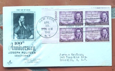 JOSEPH PULITZER JOURNALISM NEWSPAPERS 1947 CENTENARY ARTCRAFT PLATE#BLOCK FDC