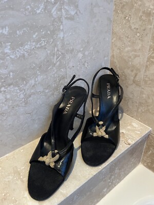 Prada Black Leather Pump Heel Sandals with Rope Detail size IT 38