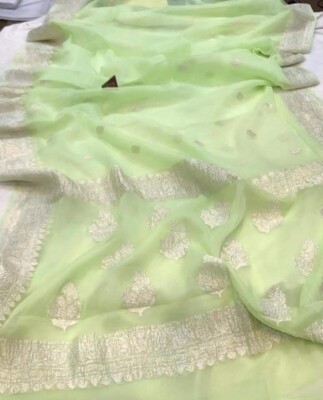 Green Handloom Khadi Chiffon Banarasi Saree Wedding Women Fabric With Blouse Pce