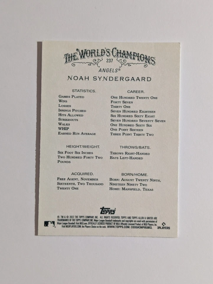 2022 Topps Allen & Ginter Noah Syndergaard Anaheim Angels #237 - Image 2 of 2