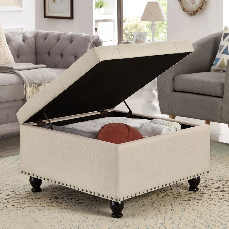 Large Square Upholstered Storage Ottoman Coffee Table for Living Space - Image 2 of 4
