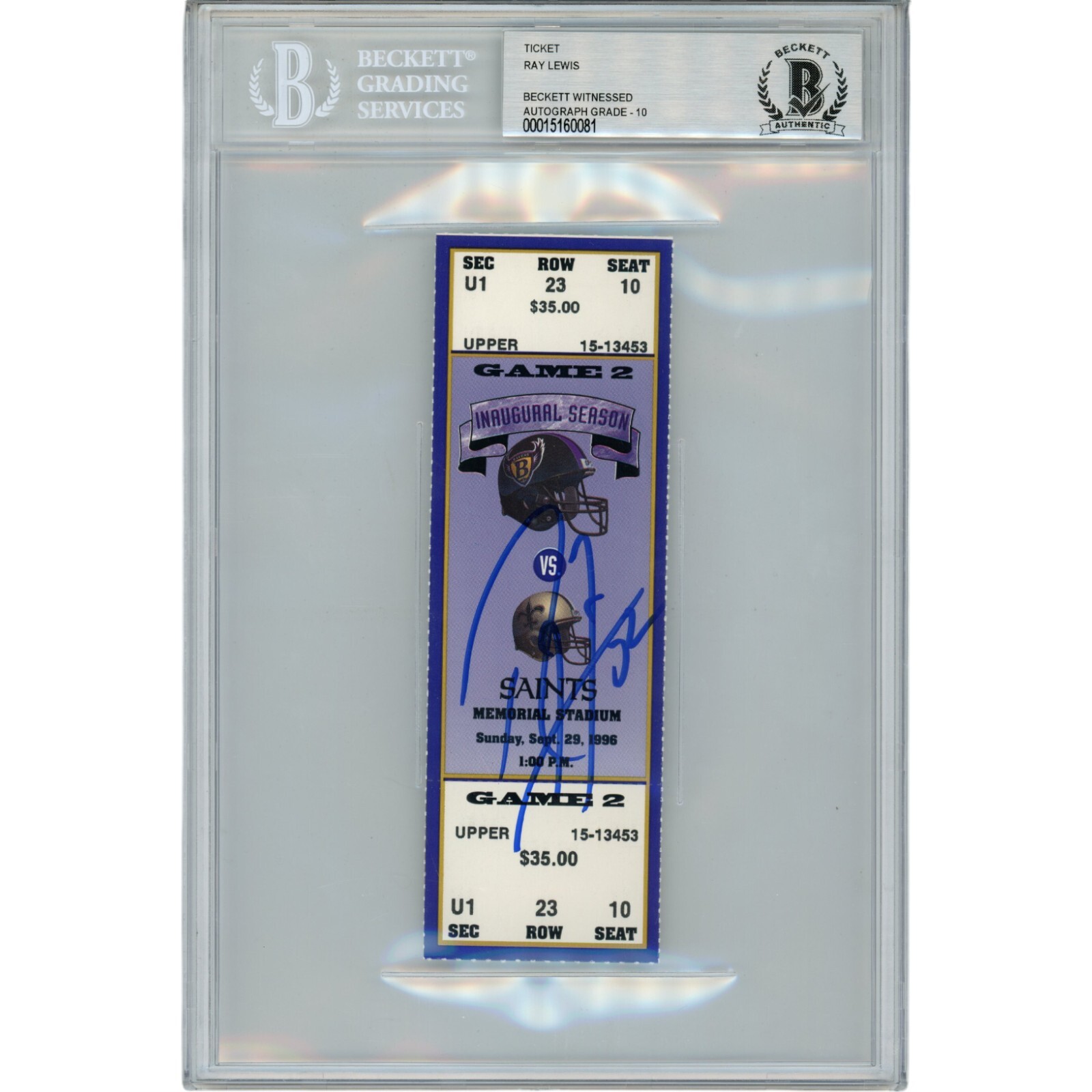 Ray Lewis Autographed Signed Baltimore Ravens 09/29/96 Full Ticket Stub Beckett 