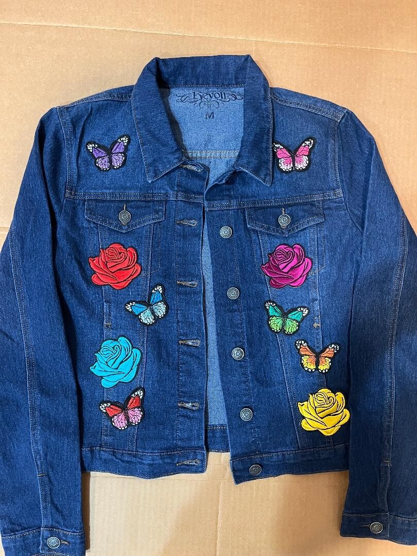 NWOT Womens Medium Revolt Jean Jacket, Flower and Butterfly ...