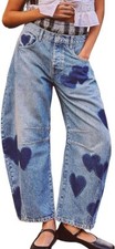 Women Wide Leg Jeans Baggy Distressed Printed Boyfriend Horseshoe Jeans Denim