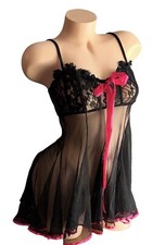 SHIRLEY OF HOLLYWOOD Black Silky Sheer Lace Trim Pink Satin Trim Tie Nightie M