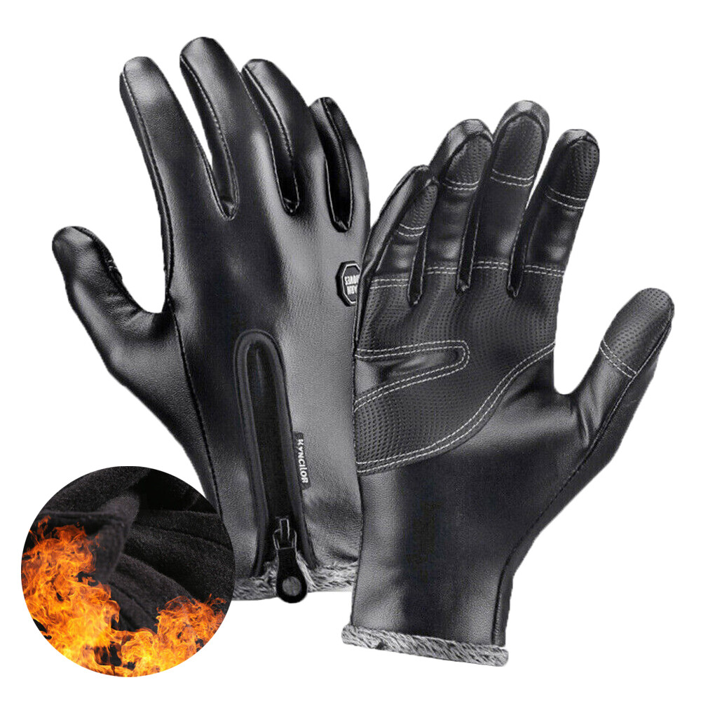 Mens Cold Weather Leather Lined Warm Gloves Winter Insulated