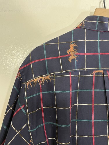 Vtg Equestrian Horses Window Pane Plaid Old Money Luxe Preppy Shirt M Academia - Picture 7 of 11