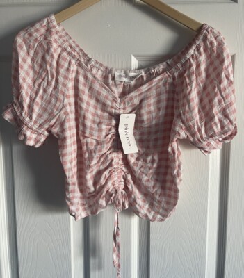 Pink Rose Top Checker Peach Gingham S Drawstring Cinch Pink White Short Slve NWT