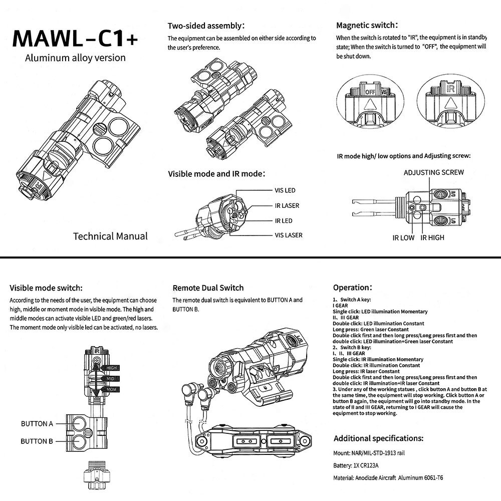CNC MAWL C1 IR Flashlight With IR Green Laser + M600C LED