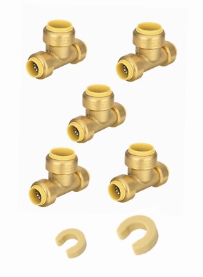 5 PCS EFIELD 1/2''X1/2''X3/4'' Push Fit Tee Brass Fittings & 2 Clips, Lead Free