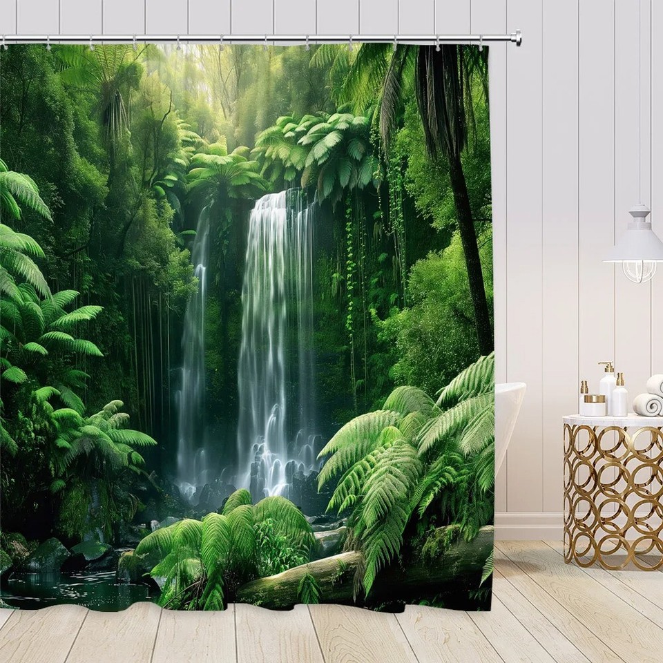 Extra Long Jungle Waterfall Shower Curtain Waterproof Polyester Bath