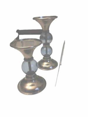 2 silver tone platedcandle holders with blue globe  . vintage  6  and  8.5  tall