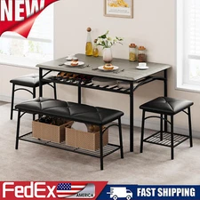 Dining Set for 4 Table and Bench 2 Upholstered Stools W/ Wine Rack Small Kitchen