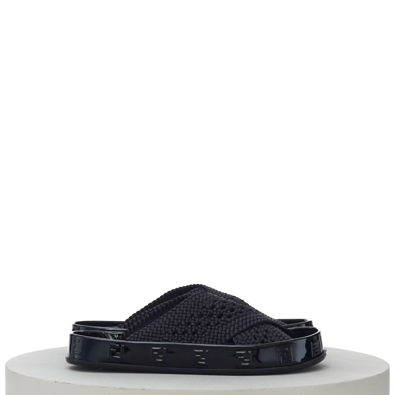 Fendi — FENDI 795$ REFLECTIONS Black Slide Sandal, Woven Crossover Bands, FF Motif