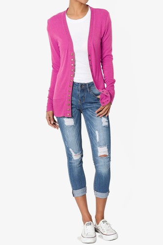 Women's Classic Snap Button Front V-Neck Long Sleeve Cute Knit Sweater Cardigan - Picture 92 of 152