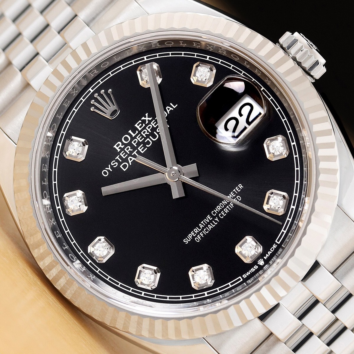 ROLEX DATEJUST 126234 BLACK FACTORY DIAMOND DIAL 18K GOLD STEEL