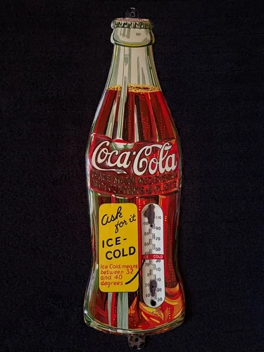 Vintage Coca Cola tin bottle thermometer sign  Coke original  1930's