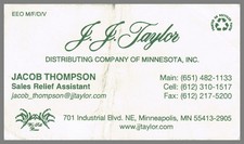 J.J. Taylor Jacob Thompson Minneapolis MN Vintage Business Card