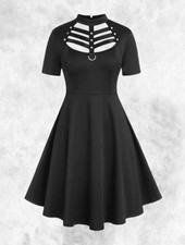 New Black Gothic PU Ladder Front Studded Short Cute Sexy Dress size XL 18 20 22