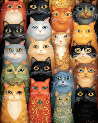 8x10 Cozy Storybook Group of Cats Art Print Classic Illustration - 382428293