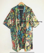Indian Women Black Floral Kantha Quilted Jacket Front Open Wear Mid-length