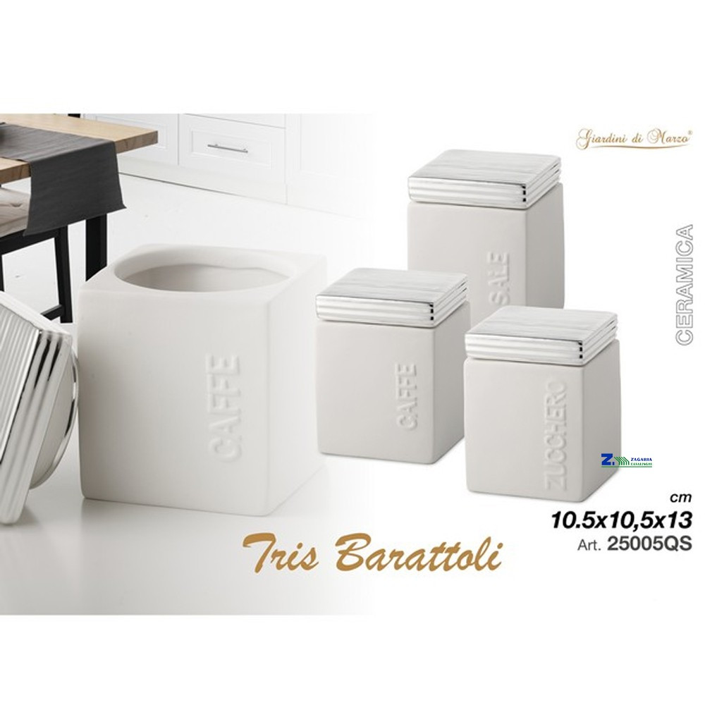 SET 3 PZ TRIS BARATTOLI CUCINA QUADRATI CERAMICA BIANCA TAPPO ARGENTO ART.45375
