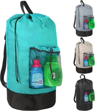 Laundry Bag Backpack with Shoulder Strap Mesh Pocket Portable Hamper Turquoise