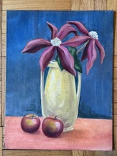 Vintage Still Life Vase Apples Flowers Blue Red Acrylic On Canvasboard 14"x 18"
