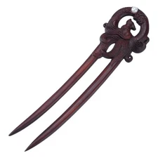 U-Shape Wooden Hair Stick Handmade 2 Prongs Hair Forks Nine-Tailed Fox Sandal...