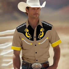 Mens Western Cowboy Shirt Short Sleeve Retro Printing Casual Buttons Down Shirt