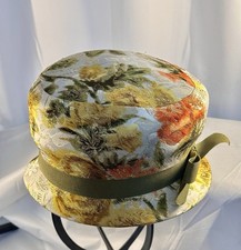 VTG 1960  s Floral Brocade bucket hat/cloche green grosgrain ribbon. Sz 22