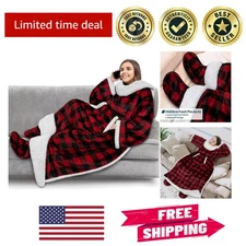 Wearable Sherpa Blanket with Arms, Foot Pocket & Pocket - Red Checkered Comfort